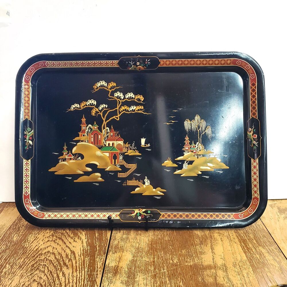 Vintage Metal Serving Tray Chinoiserie Asian Landscape Black 6MB Made in England